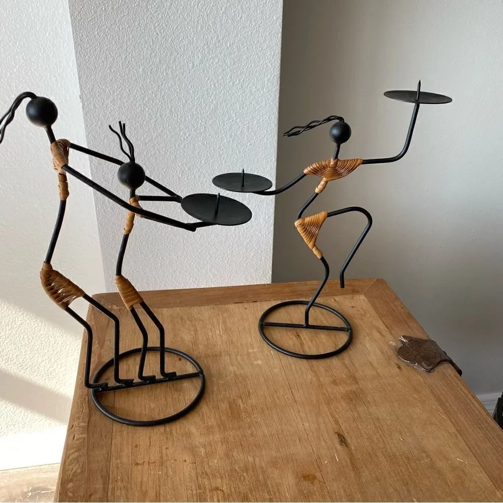 Vintage Black Metal and Rattan Candle Holders Set of Two